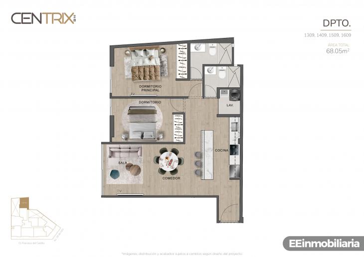 Plano del modelo Dpto. 1609 del proyecto Centrix 28 en Miraflores