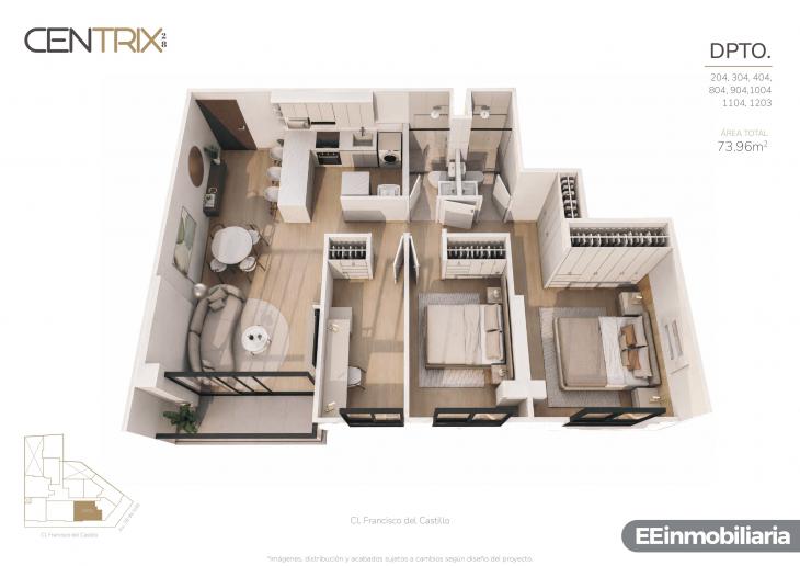 Plano del modelo Dpto. 204 del proyecto Centrix 28 en Miraflores