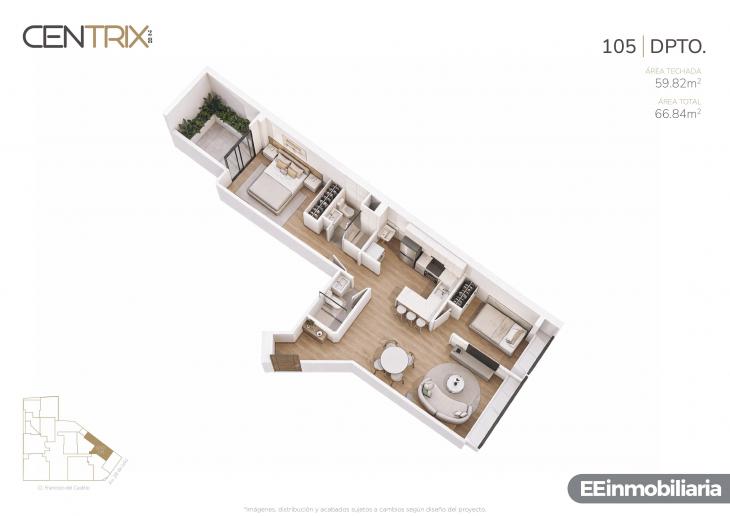 Plano del modelo Dpto. 105 del proyecto Centrix 28 en Miraflores