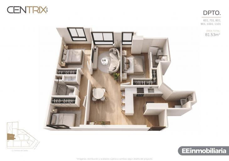 Plano del modelo Dpto. 1101 del proyecto Centrix 28 en Miraflores