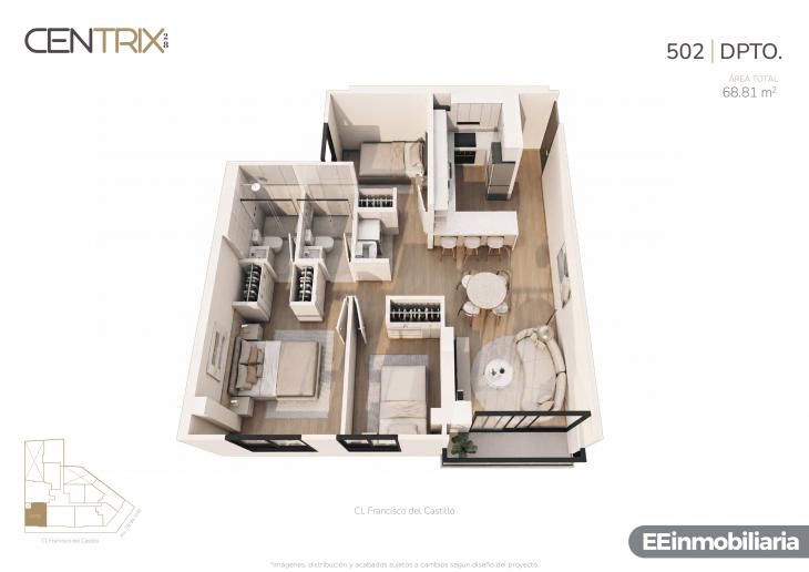 Plano del modelo Dpto. 502 del proyecto Centrix 28 en Miraflores