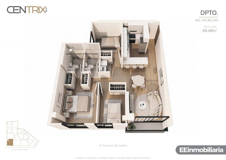 Plano del modelo Dpto. 702 del proyecto Centrix 28 en Miraflores