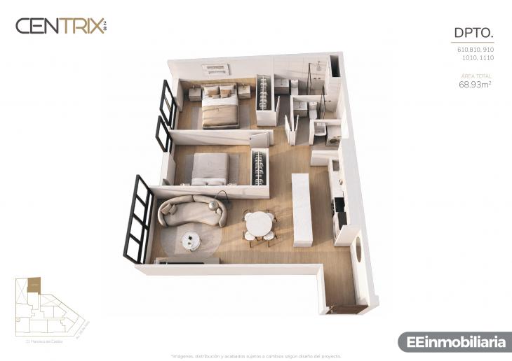Plano del modelo Dpto. 610 del proyecto Centrix 28 en Miraflores