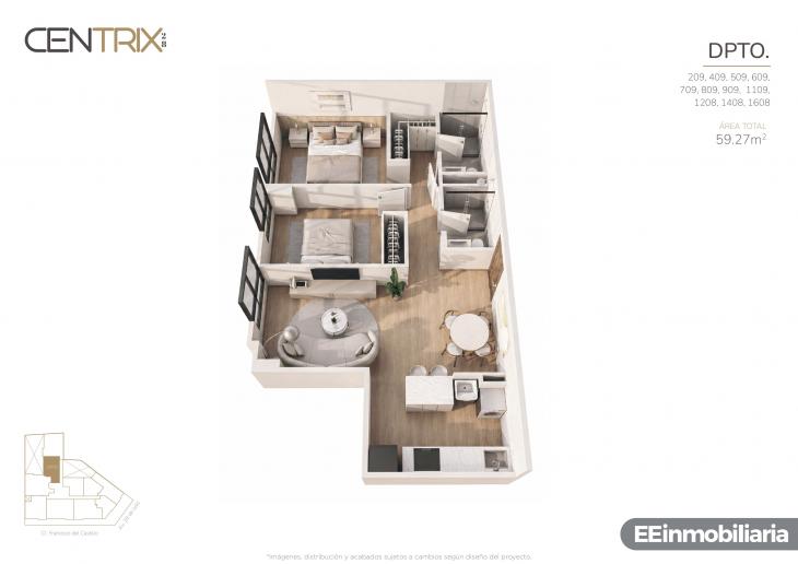 Plano del modelo Dpto. 1408 del proyecto Centrix 28 en Miraflores