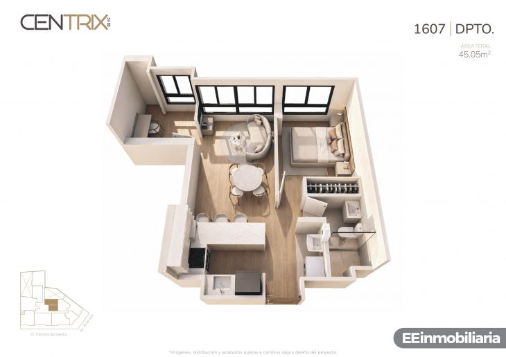 Plano del modelo Dpto. 1607 del proyecto Centrix 28 en Miraflores