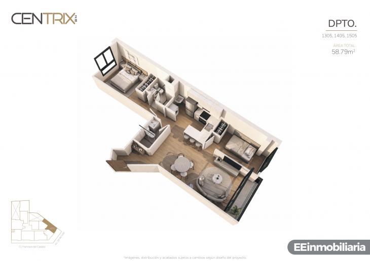 Plano del modelo Dpto. 1305 del proyecto Centrix 28 en Miraflores