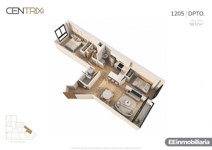 Plano del modelo Dpto. 1205 del proyecto Centrix 28 en Miraflores
