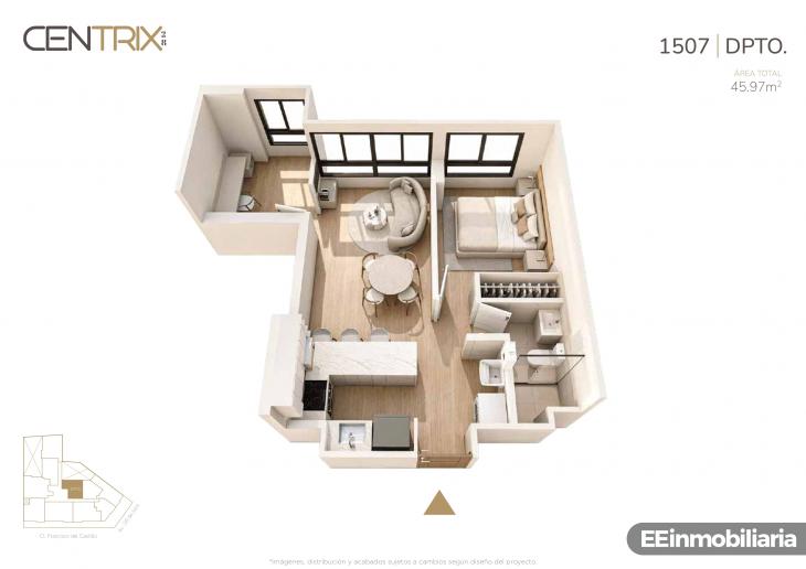 Plano del modelo Dpto. 1507 del proyecto Centrix 28 en Miraflores