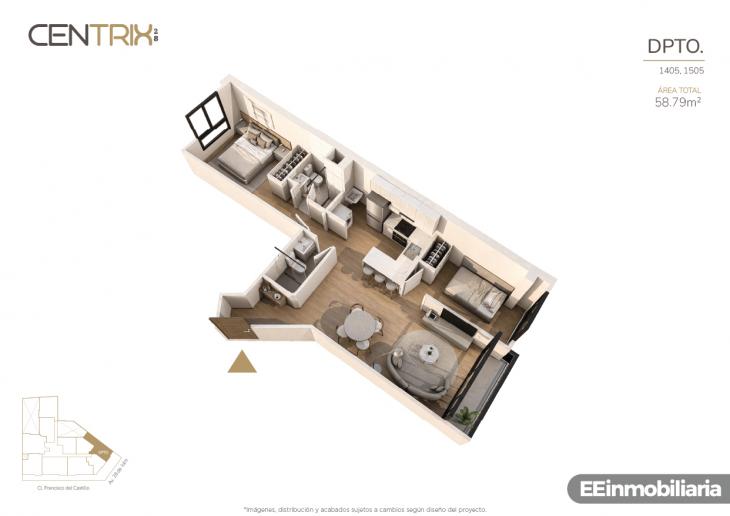 Plano del modelo Dpto. 1405 del proyecto Centrix 28 en Miraflores
