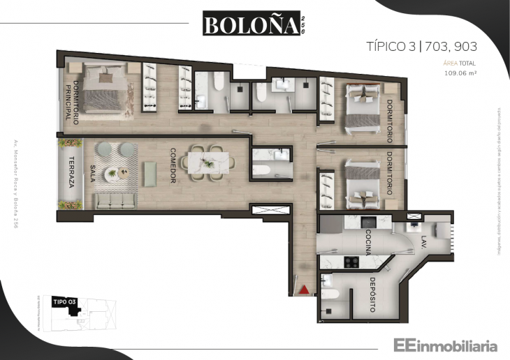 Plano del modelo Tipo 03_02 del proyecto Boloña 256 en Miraflores