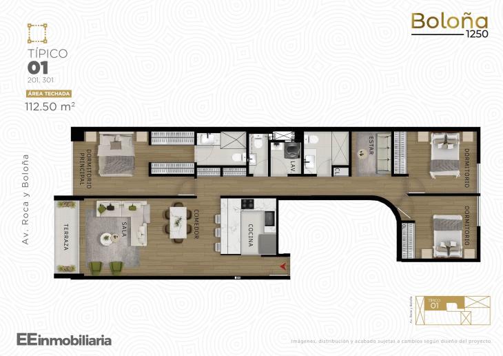 Plano del modelo Tipo 01 del proyecto Boloña 1250 en Miraflores
