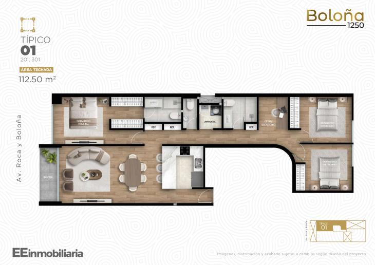 Plano del modelo Tipo 01 del proyecto Boloña 1250 en Miraflores