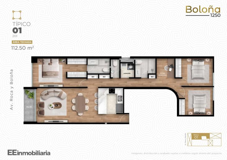 Plano del modelo Tipo 01 del proyecto Boloña 1250 en Miraflores