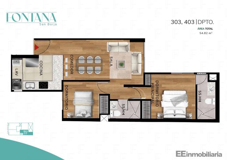 Plano del modelo Dpto. 203 al 603 del proyecto Fontana en San Borja