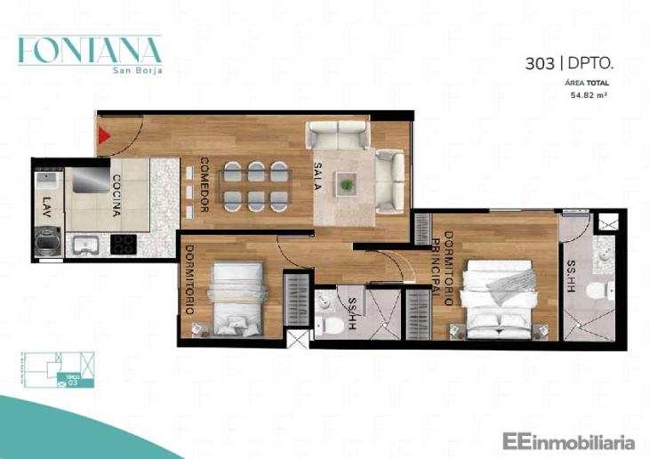 Plano del modelo Dpto. 203 al 603 del proyecto Fontana en San Borja