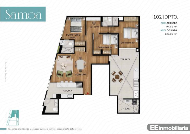 Plano del modelo Dpto. 102 del proyecto Samoa en Santiago De Surco