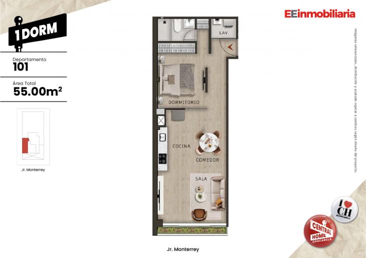 Plano del modelo Dpto. 101 del proyecto Central Home Chacarilla en Santiago De Surco