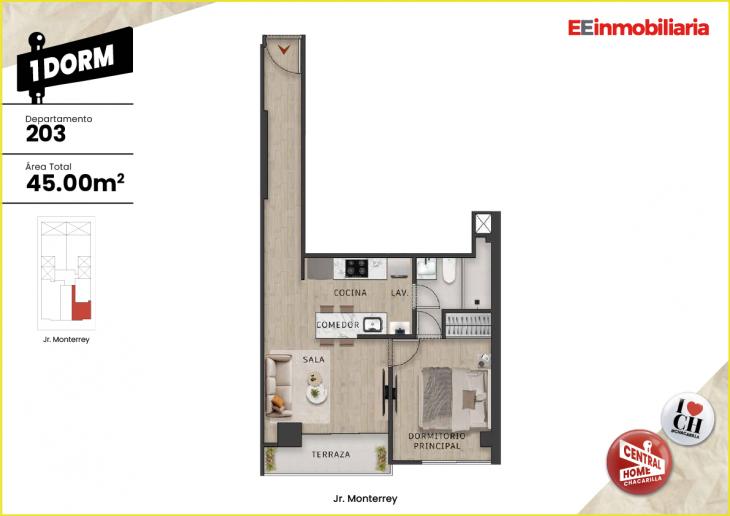 Plano del modelo Dpto. 203 del proyecto Central Home Chacarilla en Santiago De Surco