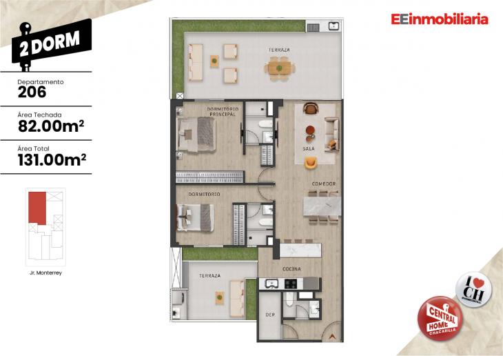 Plano del modelo Dpto. 206 del proyecto Central Home Chacarilla en Santiago De Surco
