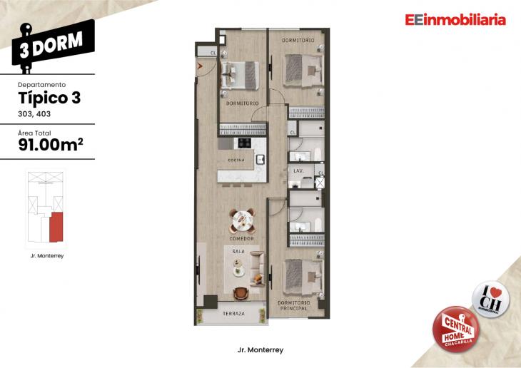 Plano del modelo Dpto. 303 del proyecto Central Home Chacarilla en Santiago De Surco