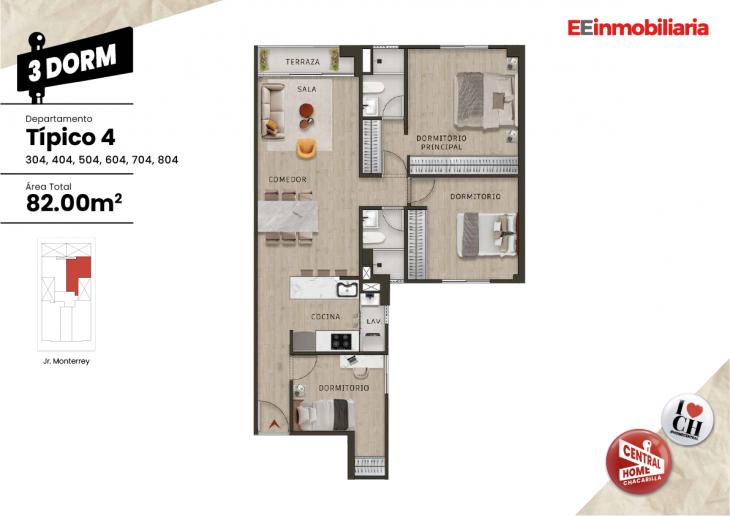 Plano del modelo Dpto. 404 del proyecto Central Home Chacarilla en Santiago De Surco