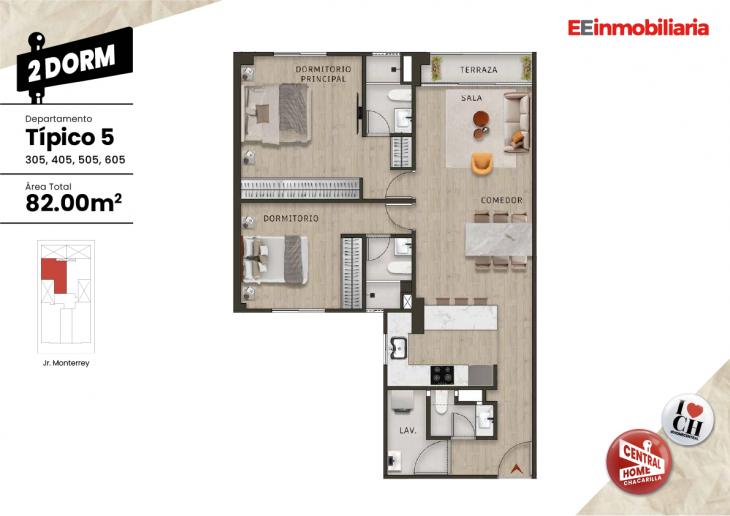 Plano del modelo Dpto. 605 del proyecto Central Home Chacarilla en Santiago De Surco