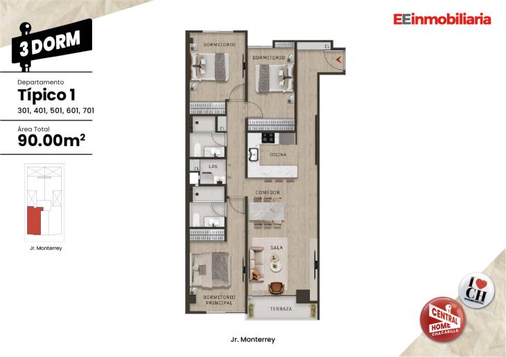 Plano del modelo Dpto. 801 del proyecto Central Home Chacarilla en Santiago De Surco