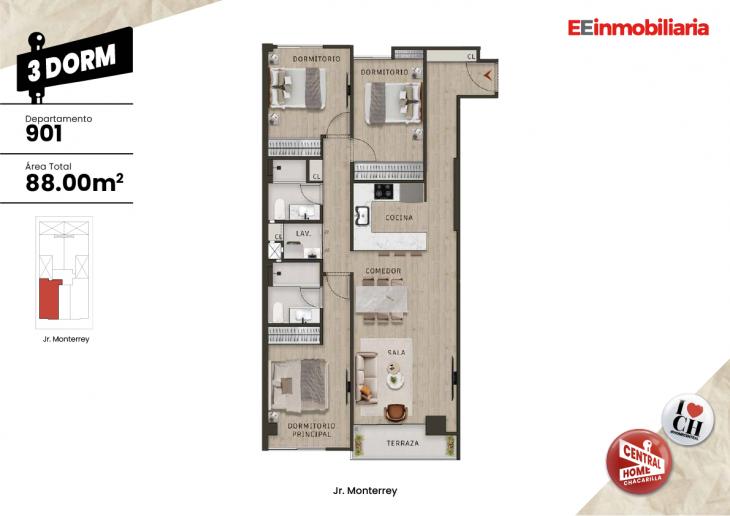 Plano del modelo Dpto. 901 del proyecto Central Home Chacarilla en Santiago De Surco