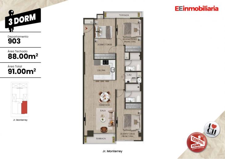 Plano del modelo Dpto. 903 del proyecto Central Home Chacarilla en Santiago De Surco