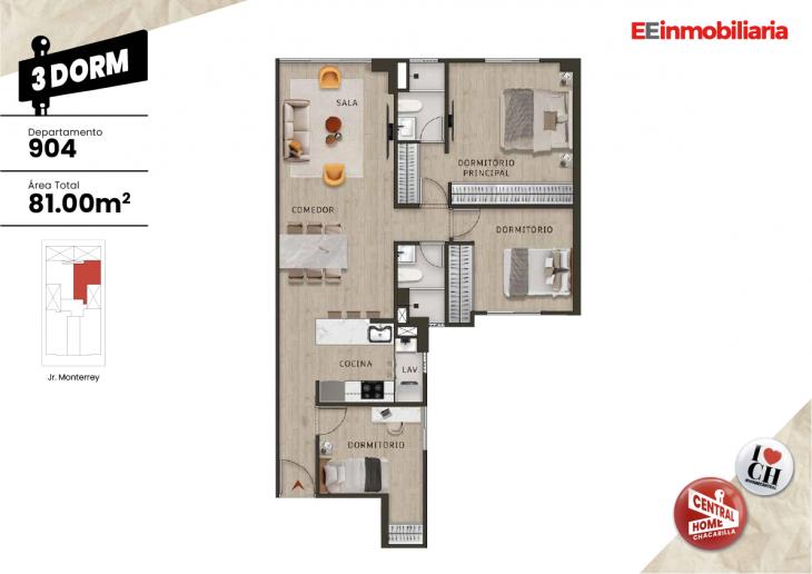 Plano del modelo Dpto. 904 del proyecto Central Home Chacarilla en Santiago De Surco