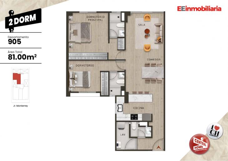 Plano del modelo Dpto. 905 del proyecto Central Home Chacarilla en Santiago De Surco