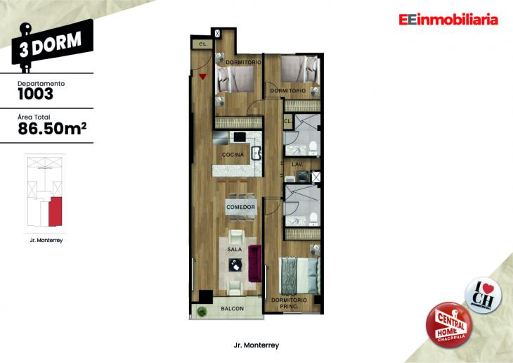 Plano del modelo Dpto. 1003 del proyecto Central Home Chacarilla en Santiago De Surco