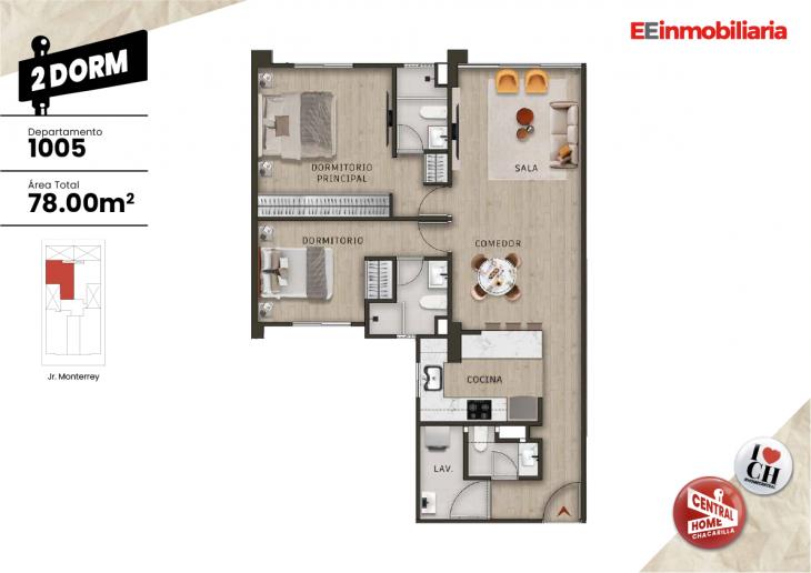Plano del modelo Dpto. 1005 del proyecto Central Home Chacarilla en Santiago De Surco