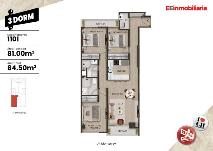 Plano del modelo Dpto.  1101 del proyecto Central Home Chacarilla en Santiago De Surco
