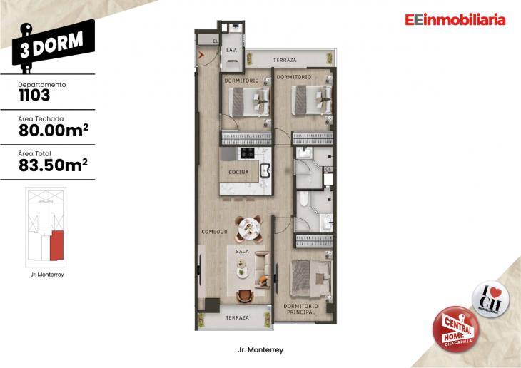 Plano del modelo Dpto.  1103 del proyecto Central Home Chacarilla en Santiago De Surco