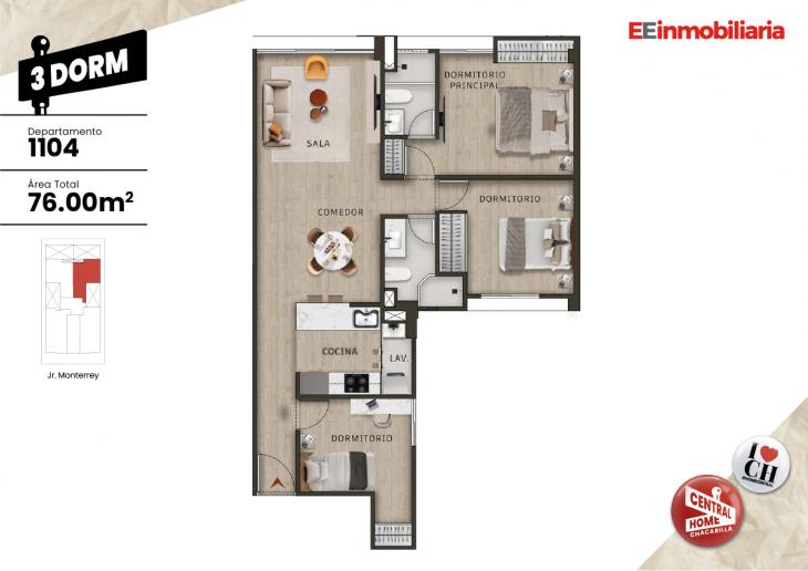 Plano del modelo Dpto.  1104 del proyecto Central Home Chacarilla en Santiago De Surco