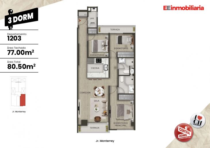 Plano del modelo Dpto.  1203 del proyecto Central Home Chacarilla en Santiago De Surco
