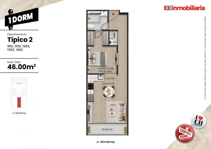 Plano del modelo Dpto. 1302 del proyecto Central Home Chacarilla en Santiago De Surco