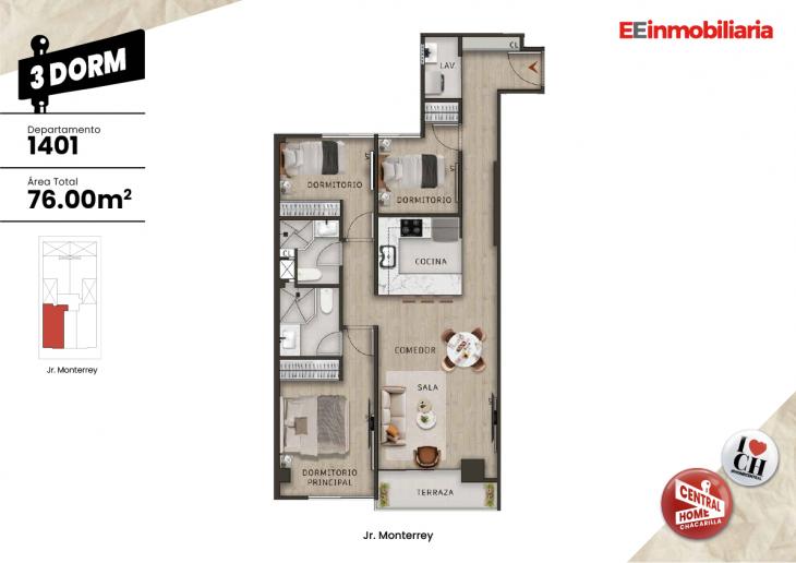 Plano del modelo Dpto. 1401 del proyecto Central Home Chacarilla en Santiago De Surco
