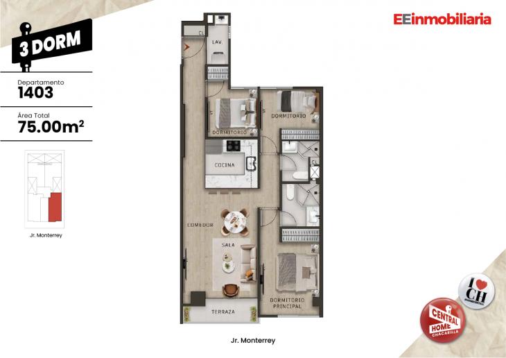 Plano del modelo Dpto. 1403 del proyecto Central Home Chacarilla en Santiago De Surco