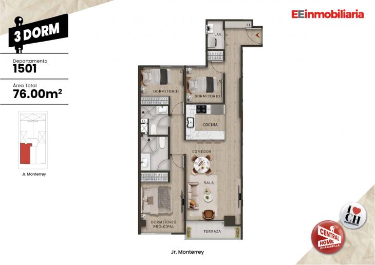Plano del modelo Dpto. 1501 del proyecto Central Home Chacarilla en Santiago De Surco