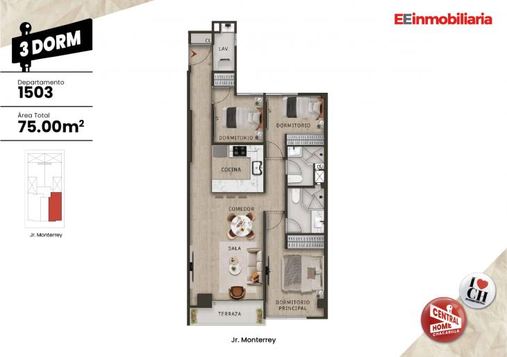 Plano del modelo Dpto. 1503 del proyecto Central Home Chacarilla en Santiago De Surco