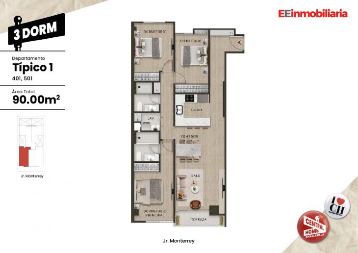 Plano del modelo Dpto. 401 del proyecto Central Home Chacarilla en Santiago De Surco