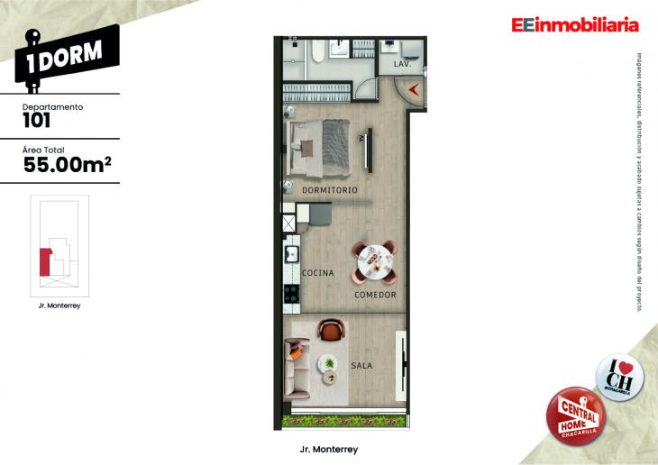 Plano del modelo Dpto. 101 del proyecto Central Home Chacarilla en Santiago De Surco