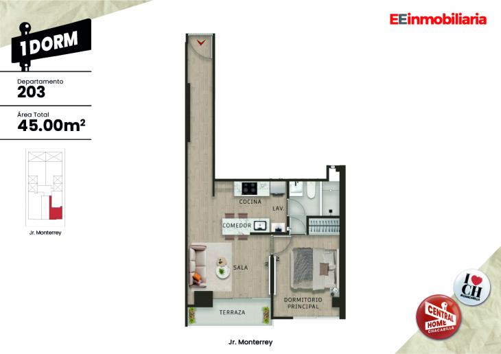 Plano del modelo Dpto. 203 del proyecto Central Home Chacarilla en Santiago De Surco
