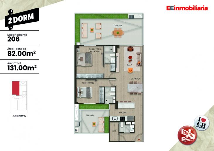 Plano del modelo Dpto. 206 del proyecto Central Home Chacarilla en Santiago De Surco