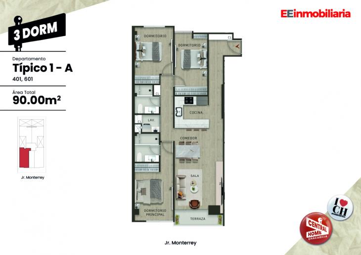 Plano del modelo Dpto. 601 del proyecto Central Home Chacarilla en Santiago De Surco