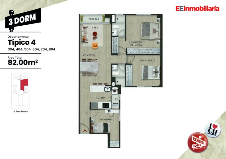 Plano del modelo Dpto. 804 del proyecto Central Home Chacarilla en Santiago De Surco