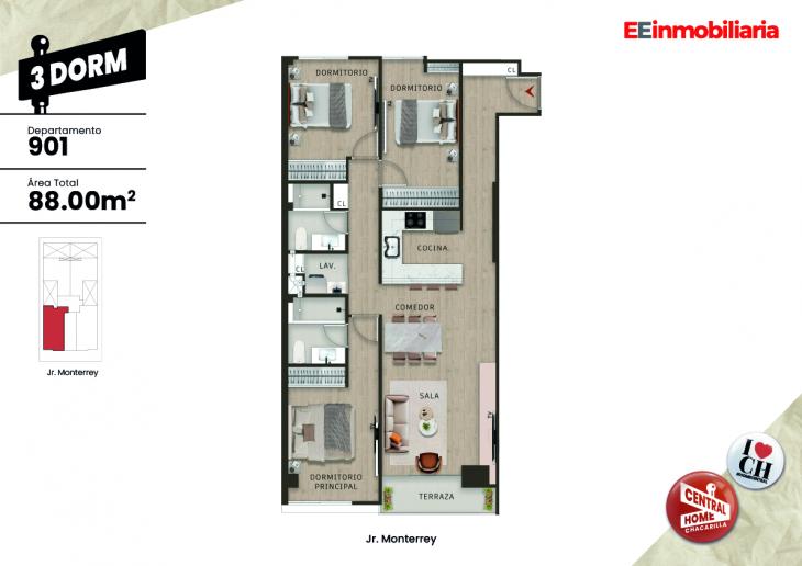 Plano del modelo Dpto. 901 del proyecto Central Home Chacarilla en Santiago De Surco