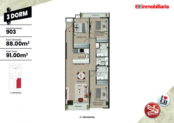 Plano del modelo Dpto. 903 del proyecto Central Home Chacarilla en Santiago De Surco
